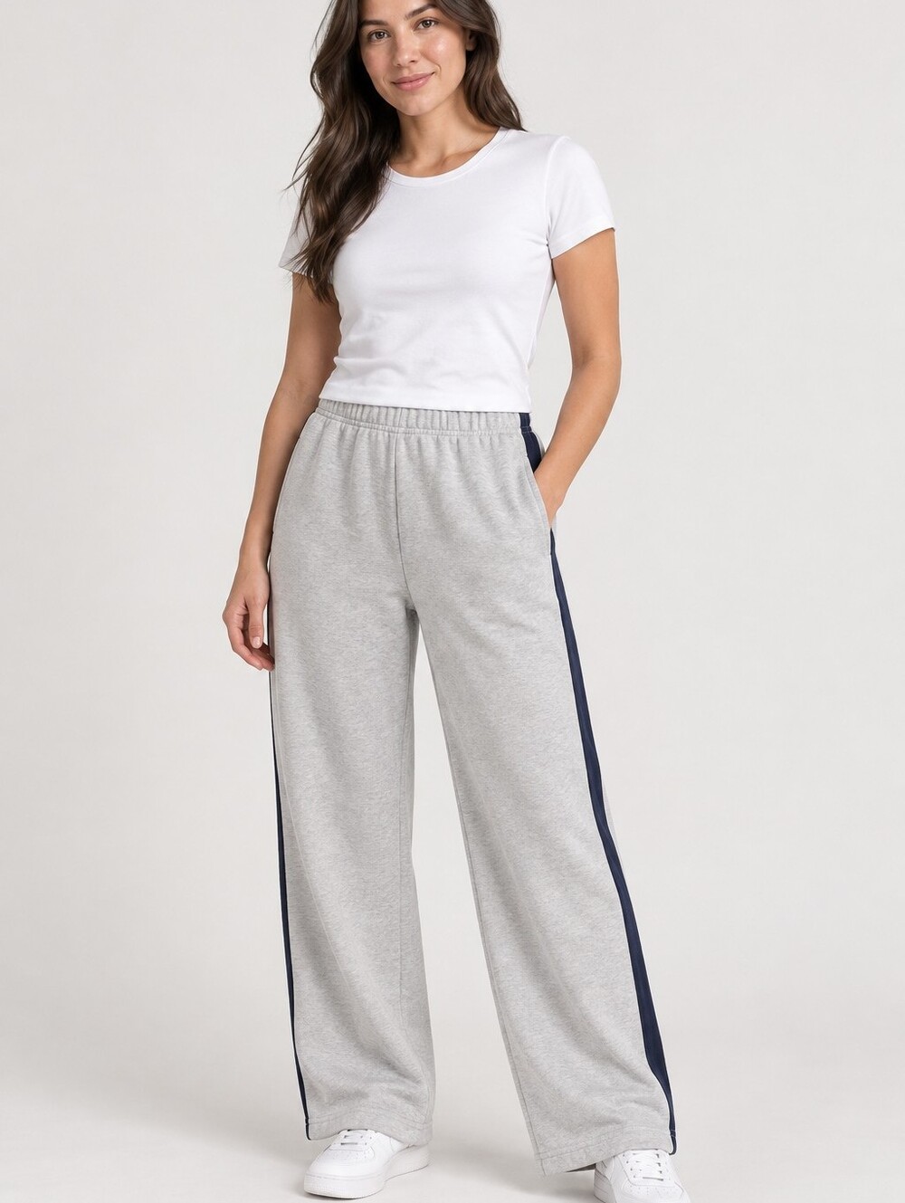 J. Galt Grey Wide Leg Sweatpants With Navy Stripe One Size